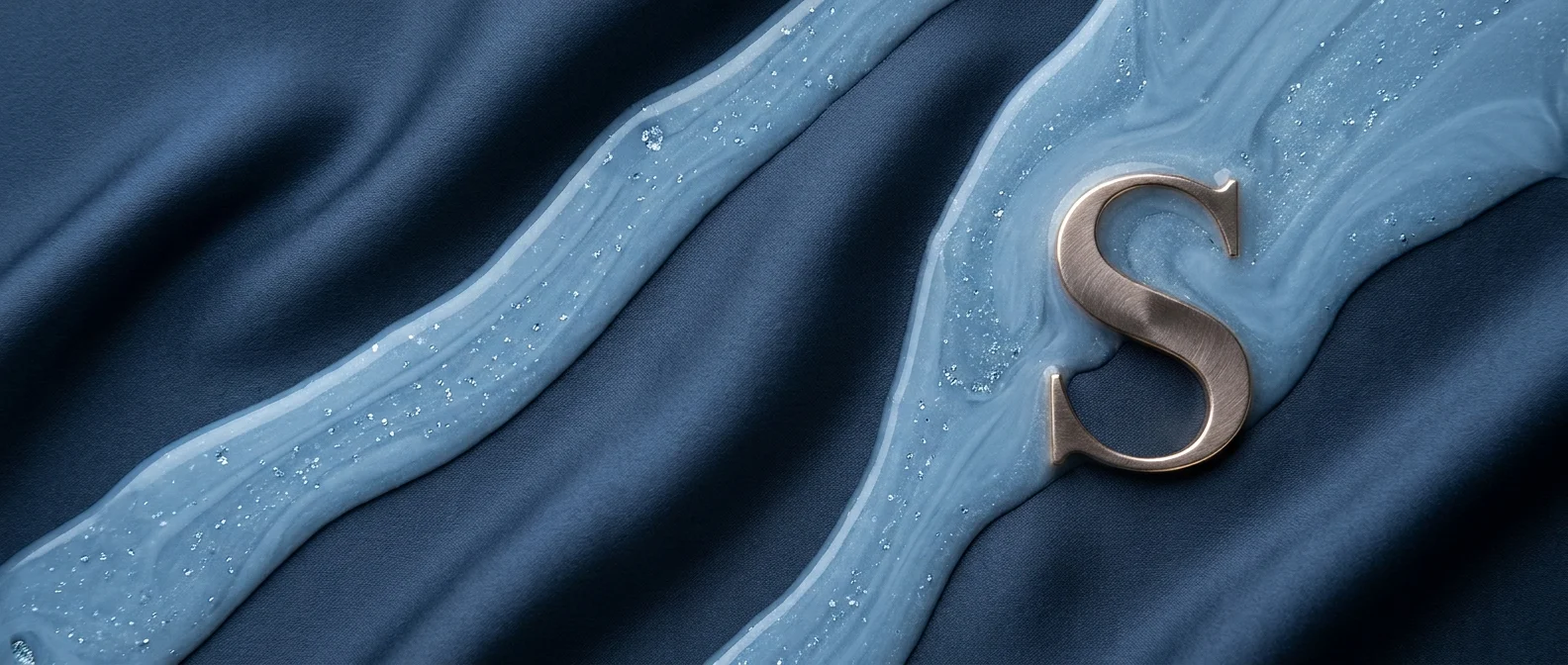 Silver Letter S | Sibtain Jan A silver letter 'S' on blue silk with a swirl pattern represents Sibtain Jan and data analysis.